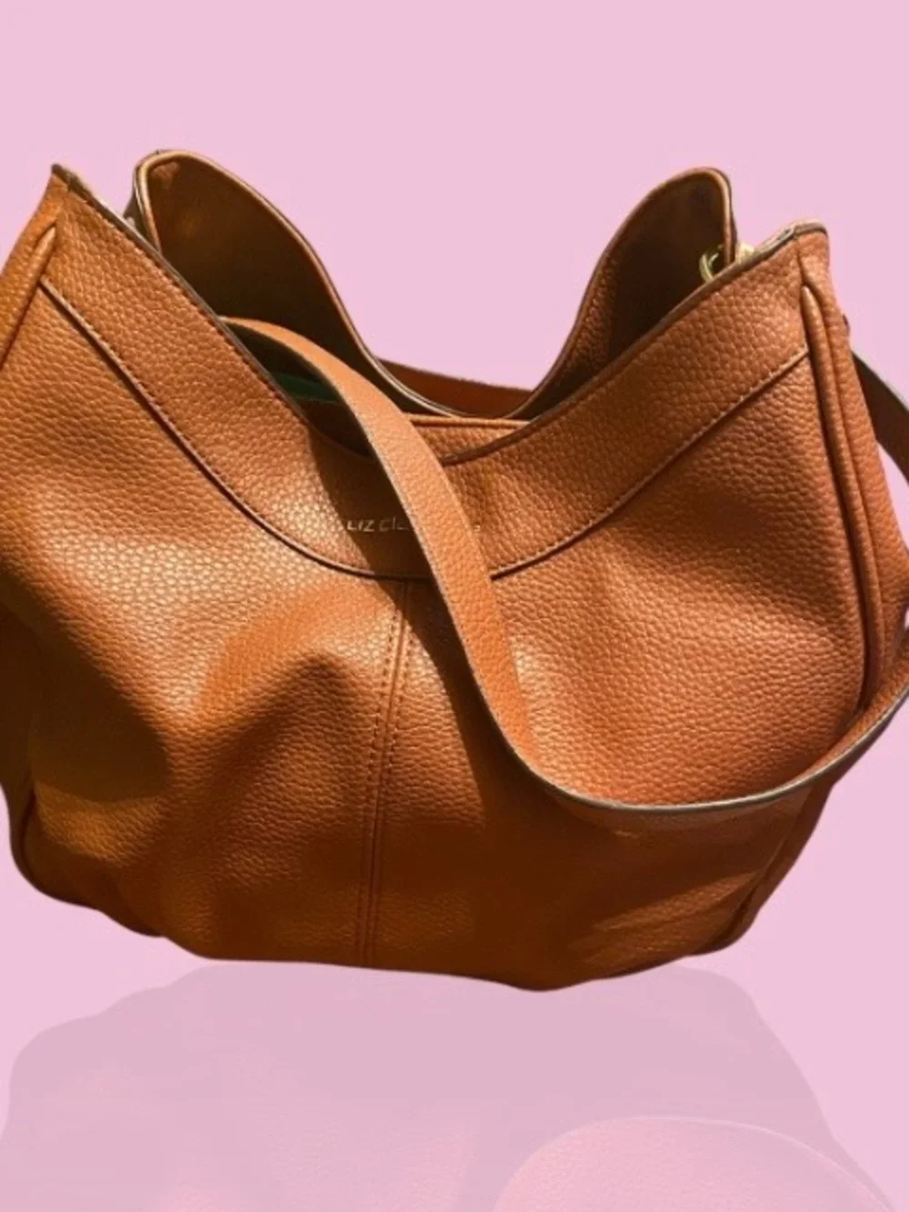 Liz Claiborne Cognac Pebbled Leather Shoulder Tote. measurements are 13 x 10. - Picture 5 of 9